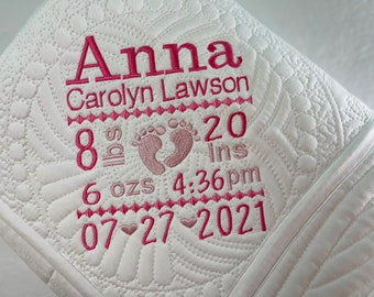 Personalized Heirloom Baby Quilt with Birth Stats, Baby Boy or Girl Footprints Heirloom Birth Statistic Announcement Blanket, Baby Keepsake