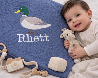 Personalized Baby Quilt with Mallard Duck – Custom Name Heirloom Blanket, Boy Baby Gift, Woodland Nursery Bedding, Keepsake Quilt