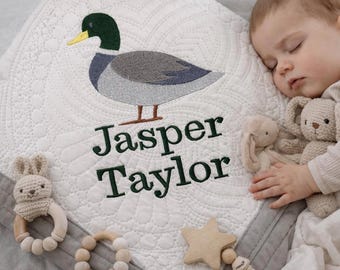 Personalized Mallard Duck Baby Quilt – Custom Name Heirloom Blanket, Neutral Baby Gift, Woodland Nursery Bedding, Keepsake Quilt