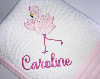 Heirloom Baby Quilt, Personalized Baby Girl Flamingo Quilt, Beautiful Personalized Flamingo Baby Girl Heirloom Keepsake Quilt Blanket