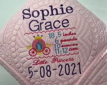 Personalized Birth Stats Baby Quilt, Princess Baby Blanket, Baby Girl Keepsake, Custom Newborn Gift, Birth Announcement Quilt