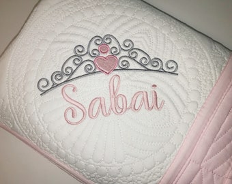 Personalized Baby Girl Quilt, Princess Tiara Crown, Heirloom Blanket