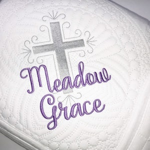 Heirloom Baby Quilt, Baby Baptism/Christening/Confirmation Baby Quilt, Personalized Baby Girl Cross Quilt,Embroidered Keepsake Blanket