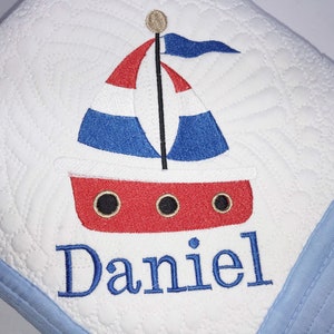 Heirloom Baby Quilt, Personalized Baby Boy Sail Boat Monogrammed Baby Quilt Embroidered Keepsake Blanket, Personalized Baby Shower Gift