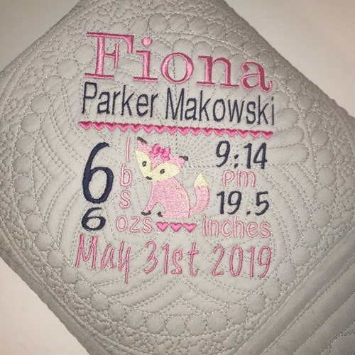 Personalized Heirloom factory Baby Quilt, Personalized Baby Girl Woodland Fox Animal Birth Announcement Quilt Blanket