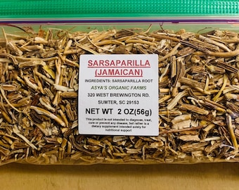 May include: A clear plastic resealable bag filled with dried, chopped sarsaparilla root. A white label on the front reads: SARSAPARILLA (JAMAICAN), INGREDIENTS: SARSAPARILLA ROOT, ASYA'S ORGANIC FARMS, 320 WEST BREWINGTON RD. SUMTER, SC 29153, NET WT 2 OZ(56g).
