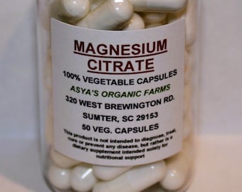 Organic Magnesium Citrate 50 500mg Vegan Capsules + Free Shipping