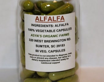 May include: A clear plastic bottle filled with green capsules labeled "ALFALFA" with the ingredients, "ALFALFA 100% VEGETABLE CAPSULES", and the company information, "ASYA'S ORGANIC FARMS 320 WEST BREWINGTON RD. SUMTER, SC 29153 50 VEG. CAPSULES". The label also includes a disclaimer that the product is not intended to diagnose, treat, cure or prevent any disease, but rather is a dietary supplement intended solely for nutritional support.