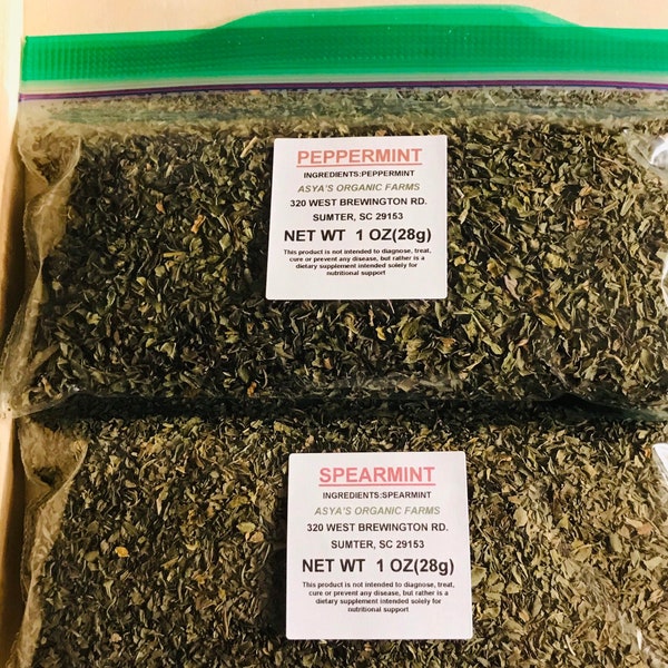 Organic Peppermint Leaf Tea 1 Oz + Spearmint  Leaf Tea 1 Oz