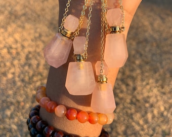 1 Natural Rose Quartz Perfume Bottle Necklace (Gold Tone Adjustable Necklace) | Crystal and Stones | Crystal Jewelry | Crystal Necklace