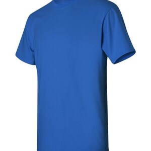 May include: A solid royal blue short-sleeved t-shirt.