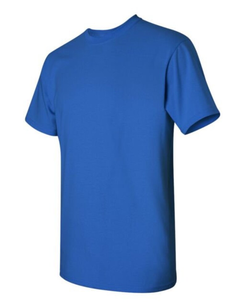May include: A solid royal blue short-sleeved t-shirt.