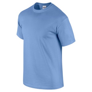 May include: A light blue short-sleeved t-shirt.