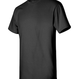 May include: A plain black t-shirt with short sleeves and a crew neck.