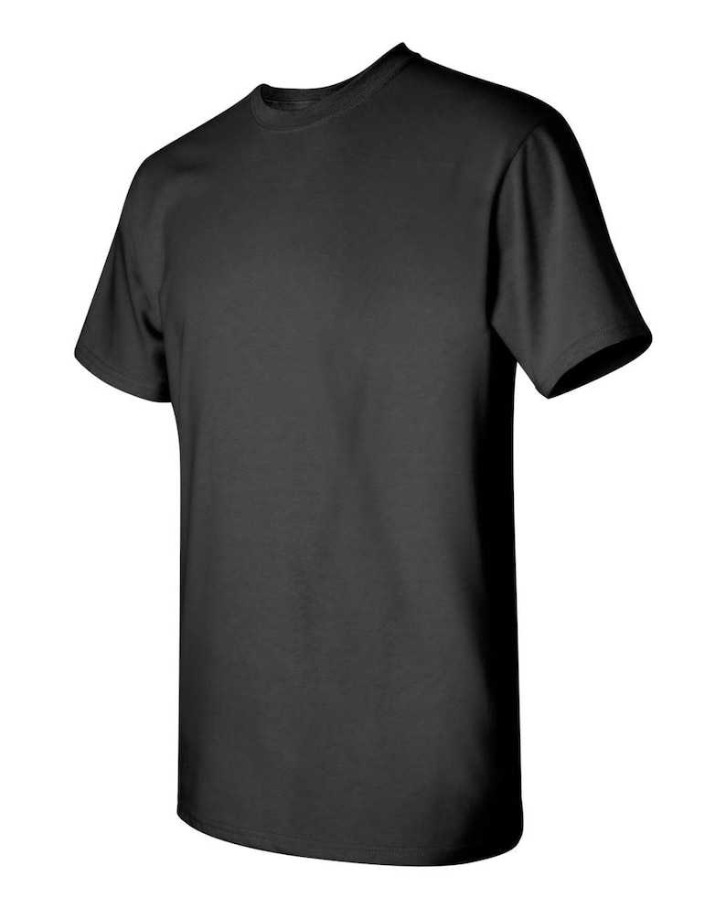 May include: A plain black t-shirt with short sleeves and a crew neck.