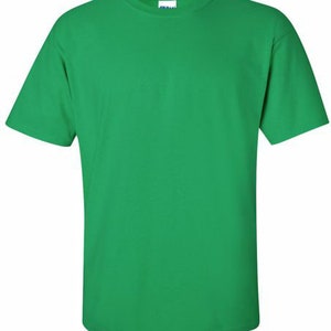 May include: A solid green t-shirt with short sleeves and a crew neck.
