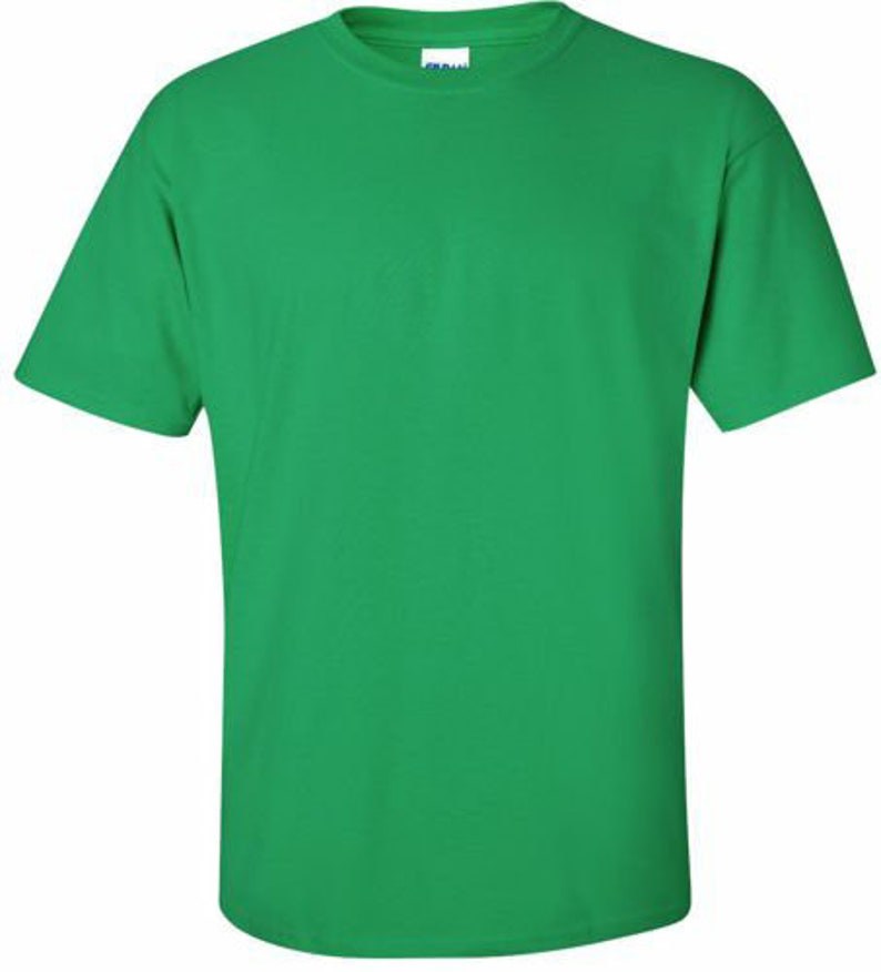 May include: A solid green t-shirt with short sleeves and a crew neck.