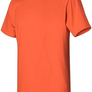 May include: A plain orange short-sleeved t-shirt.