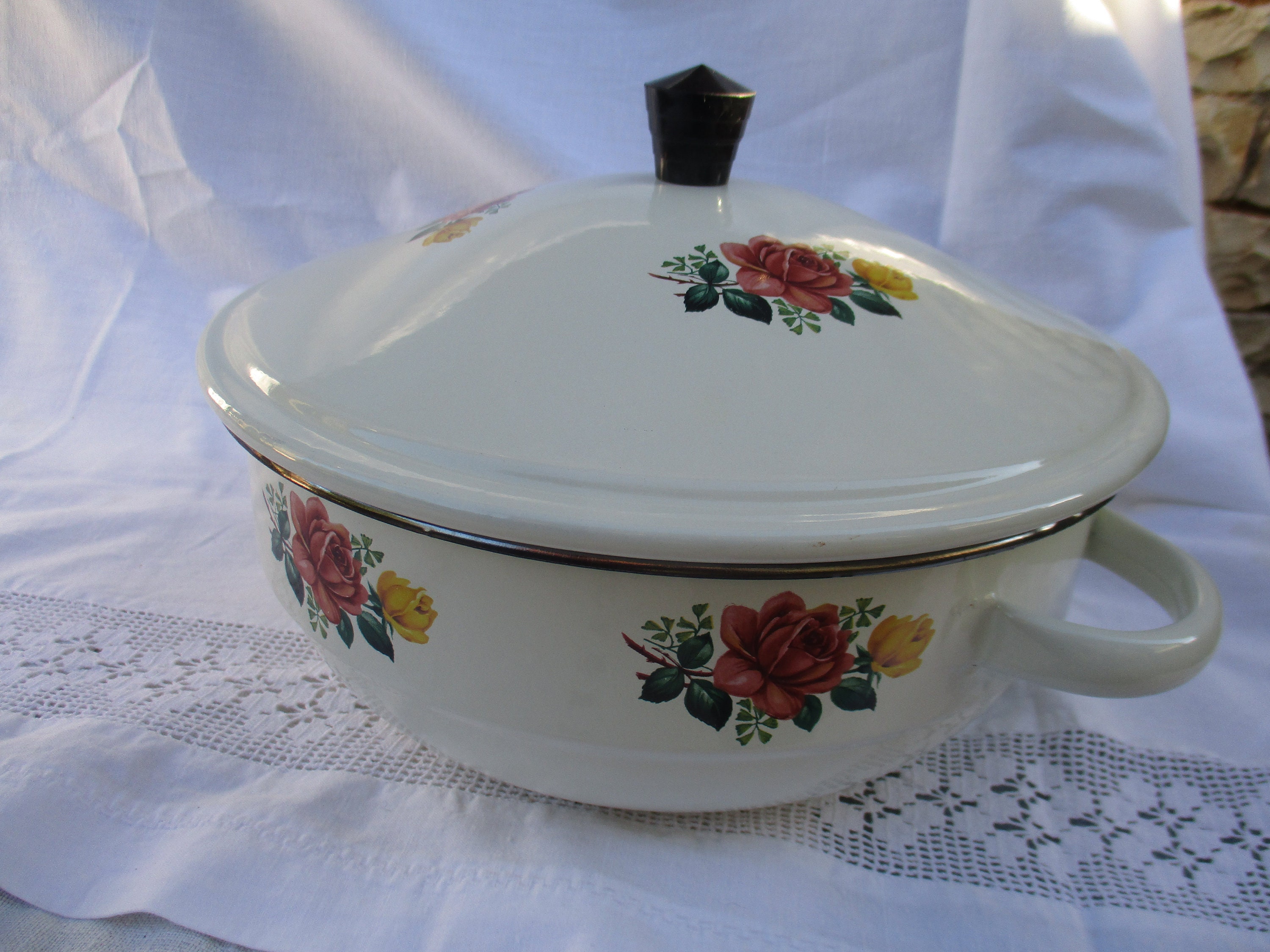 Superbe et Grande Cocotte en Tôle Émaillée, Vintage Français État Neuf 25 cm de Diamètre Décor Flora