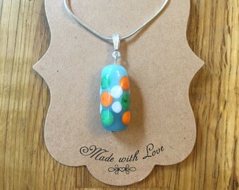 Pendant Necklace with Two-Tone Aqua Handmade Lampwork Bead with White, Orange, and Green Dots