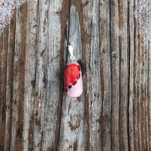 Pendant with Opaque Pink Handmade Lampwork Bead with Red Poppy and Small Burgundy Dots