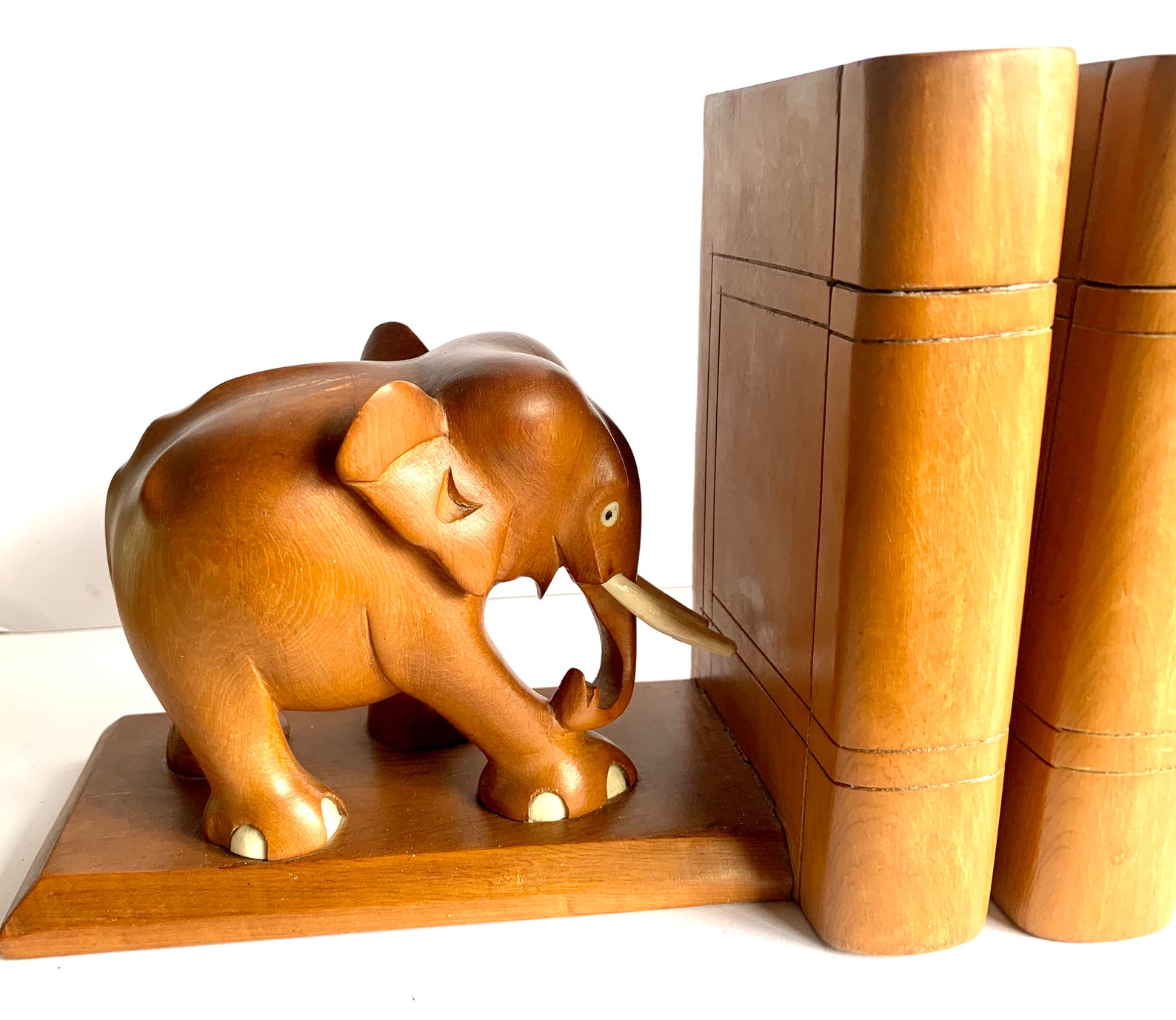 Rt Deco Wooden Sin Elephnt Bookends Hnd Crved Rosewood Indi