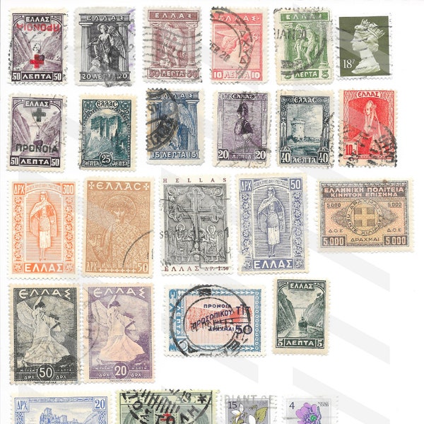 DIGITAL Vintage Postage Stamp Printables Ephemera Greece Digital Download Canceled