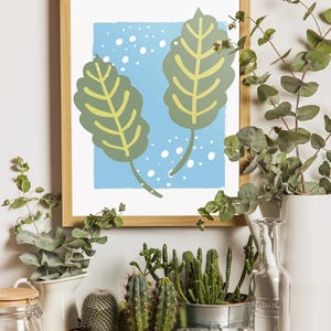 Bunte breite Blätter Art Print - Botanischer digitaler Download, moderne Blatt Wandkunst, druckbare Naturdekor auf farbigem Hintergrund