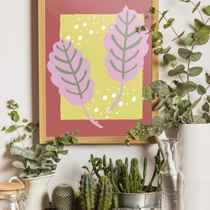 Bunte breite Blätter Art Print - Botanischer digitaler Download, moderne Blatt Wandkunst, druckbare Naturdekor auf farbigem Hintergrund