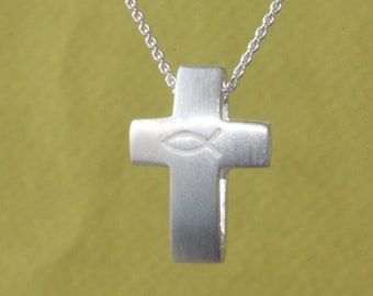 Silber Kreuz mit Ichthys,klein,2x1,5cm,Silber,hell