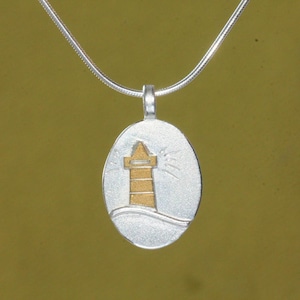 Lighthouse pendant, lighthouse necklace, silver and gold