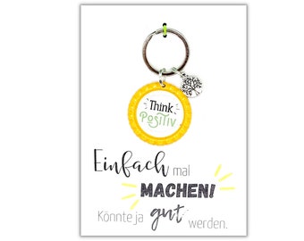 Happy Card Kronkorken Schlüsselanhänger | "Think positiv" | Spruchkarte austauschbar | Motivationskarte Glückwunschkarte | Happy Crowns