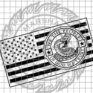 May include: Black and white graphic design featuring a stylized American flag with a snake coiled around a circle that says "We the People, In God We Trust".
