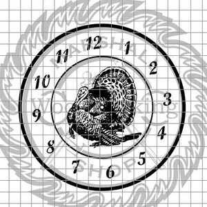 May include: Black and white clock face with a turkey illustration in the center. The clock face reads "Marshall Woodworking Shop" and has numbers 1 through 12 around the edge.