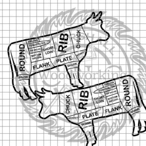 May include: A black and white diagram of a cow showing the different cuts of meat. The diagram shows the cuts of meat for both sides of the cow. The cuts of meat are labeled with the names of the cuts, such as "round", "rib", "chuck", and "sirloin".