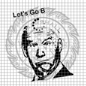 以下が含まれることがあります： 「Let's Go B」というテキストが頭上に書かれた人物の顔の白黒イラスト。顔はローディングシンボルで一部隠されています。