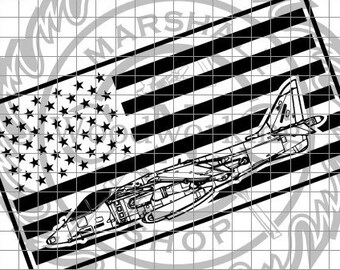 May include: Black and white illustration of a military aircraft flying over an American flag. The aircraft is a fighter jet with a long nose and wings. The flag is a traditional American flag with red and white stripes and a field of blue stars.