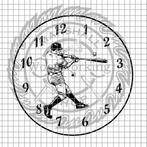 May include: Black and white clock face with a baseball player swinging a bat. The clock face has Roman numerals and a decorative design around the edge.