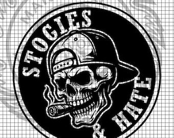 May include: Black and white graphic of a skull wearing a baseball cap, smoking a cigar, and the word "Smogies" in a circle. The design has a grunge style with a faded background.