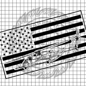 May include: Black and white illustration of a helicopter flying over an American flag. The flag is in the background and the helicopter is in the foreground. The helicopter is a military helicopter with a large rotor blade.