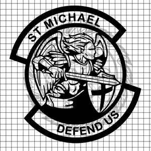 May include: Black and white illustration of a winged angel holding a sword and shield with a cross. The angel is surrounded by a circle with the text "St. Michael Defend Us".