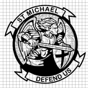 Może przedstawiać: Czarno-biała grafika św. Michała, postaci anioła z mieczem, w okrągłym emblemacie. Napisy "ST MICHAEL" i "DEFEND US" są wygięte wokół okręgu. Projekt jest szczegółowy i nadaje się do różnych zastosowań.