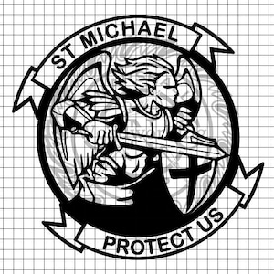 May include: Black and white illustration of Saint Michael, a winged angel, holding a sword and shield with a cross. The text "ST MICHAEL PROTECT US" surrounds the image.