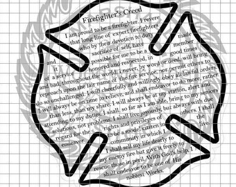 May include: Black and white illustration of a firefighter's helmet with the text "Firefighter's Creed" and a poem about the duties and responsibilities of a firefighter.