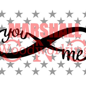 May include: Black infinity symbol with the text "you and me" inside and the text "MARSHALL WOODWORKING" in red behind it. The background is a white pattern of gray stars.