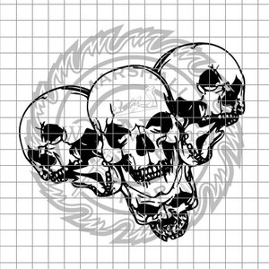 May include: Black and white graphic of three skulls overlapping, with a stylized flame-like design behind them. The word "MARSHALL" is visible within the design. The skulls have detailed features, including eye sockets and teeth.