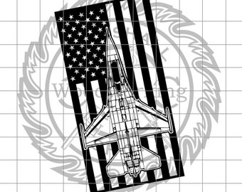 Puede incluir: Silueta en blanco y negro de un avión de combate volando sobre una bandera estadounidense. El avión está en el centro de la imagen y la bandera está detrás de él.