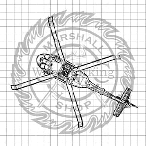 Może przedstawiać: Czarno-biały rysunek liniowy helikoptera, widzianego z góry. Helikopter ma duże, okrągłe ciało i dwa długie łopaty. Rysunek znajduje się na białym tle z siatką.