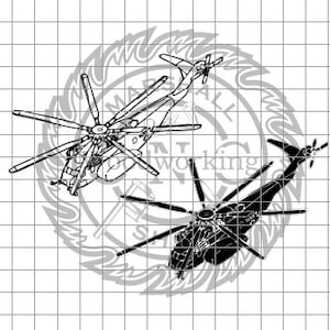 May include: Line drawing of two helicopters, one in black and one in white. The helicopters are facing each other with their rotors spinning. The helicopters are drawn in a detailed style, with all of the major components of the aircraft visible.