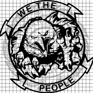 May include: Black and white illustration of an eagle and a lion with the text "WE THE PEOPLE" around the outside.